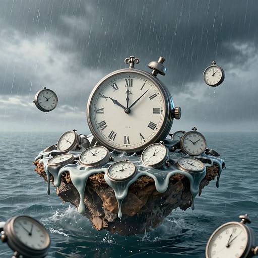 Photorealistic digital artwork of floating clocks on a rock in stormy ocean, with rain, melted cheese-like substance, and dramatic sky.