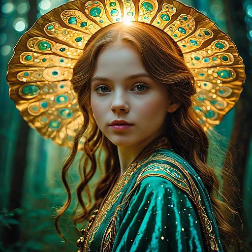 Ethereal Girl in Ornate Golden Halo and Emerald Silk