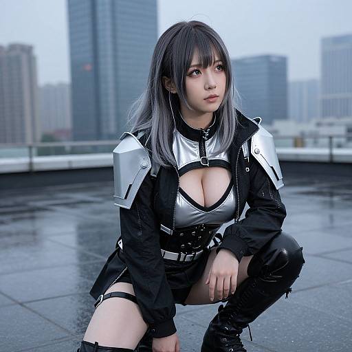 Photorealistic digital art of an Asian woman with long gray hair, wearing a black and silver sci-fi outfit, crouching on a wet city