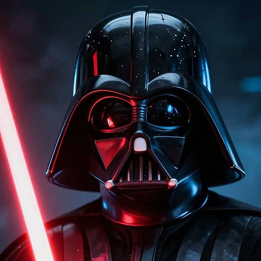 Digital illustration of Darth Vader's head in a glossy black helmet, holding a glowing red lightsaber, with blue and red reflections.