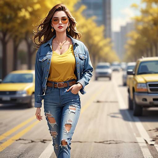 Woman Walking on Urban Street in Denim Outfit