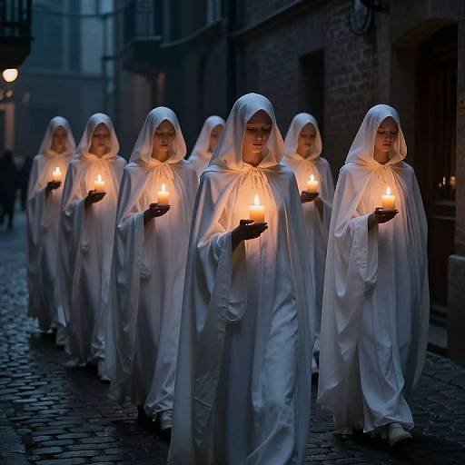 Photograph of eight women in white hooded robes, holding lit candles, walking in a dimly lit, cobblestone alley at night.