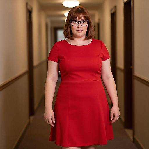 Photograph of a plus-sized woman with fair skin, brown bob haircut, black-framed glasses, wearing a red short-sleeve dress, standing