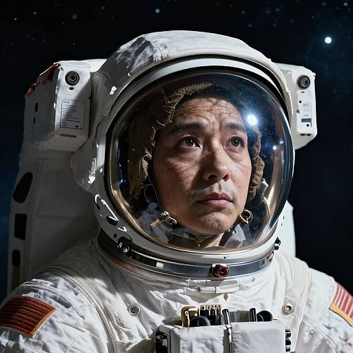 Photograph of an Asian man in a white space suit with reflective helmet, looking serious, against a starry black space background.
