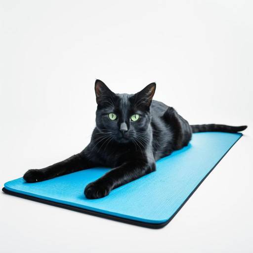 Black Cat Lounging on Blue Yoga Mat