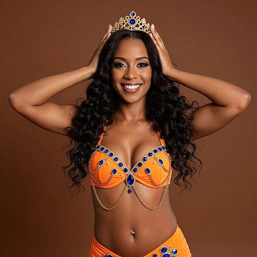 Photograph of a smiling Black woman with long curly hair, wearing an orange bikini adorned with blue gemstones, gold chains, and a jeweled ti