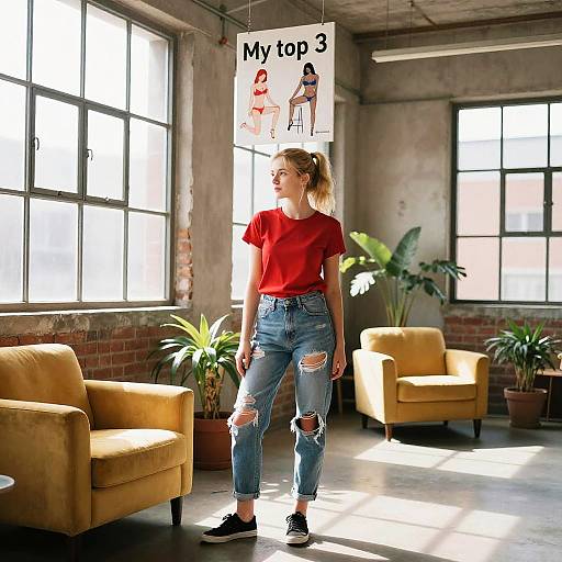 Photograph of a blonde woman in a red t-shirt and ripped jeans, standing in a sunlit, industrial-style room with yellow armchairs and