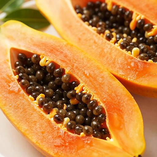 Close-up photograph of three orange papaya halves with glossy black seeds and small yellow pieces, against a white background.