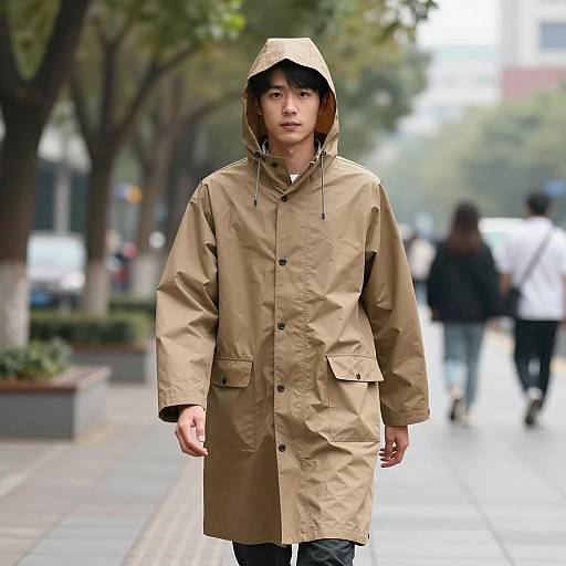 Man in Brown Hooded Raincoat on Urban Sidewalk