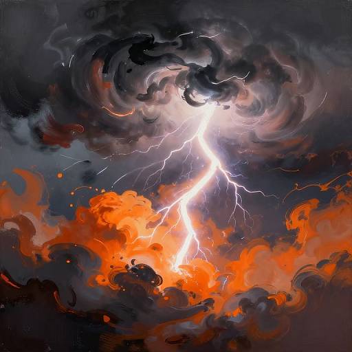 Digital painting of a vivid lightning bolt piercing through swirling dark clouds and bright orange-red flames, creating a dramatic, intense sky scene.