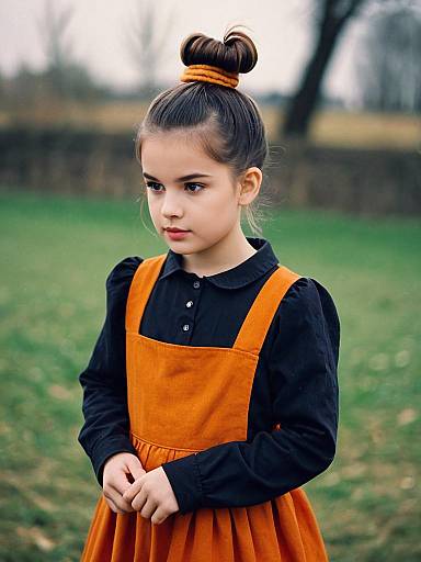 Realistic Girl in Orange Pinafore Dress