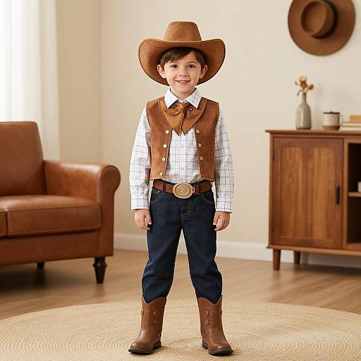 Photograph of a cute young boy in cowboy attire, wearing a brown hat, vest, checkered shirt, dark pants, and boots, standing in
