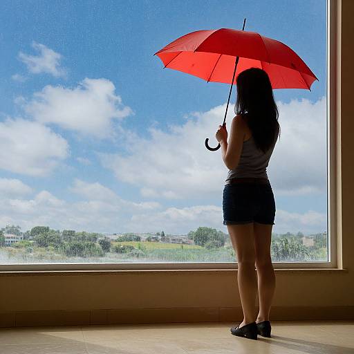 Photograph of a woman with long black hair, holding a red umbrella, standing silhouetted against a large window, viewing a sunny, cloudy