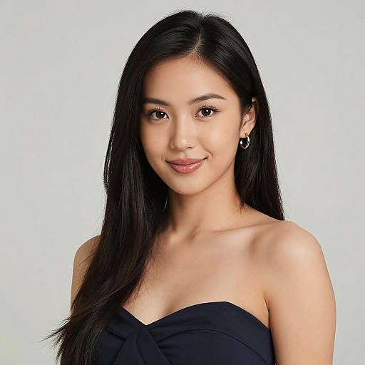 Photograph of a young Asian woman with long black hair, wearing a strapless black dress, smiling softly against a plain white background.