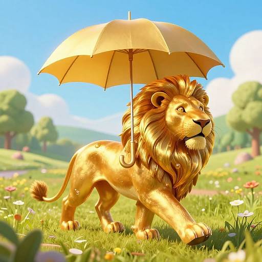 Digital illustration of a golden lion with a lush mane, walking on a sunlit meadow, holding a yellow umbrella above its head. Bright blue sky