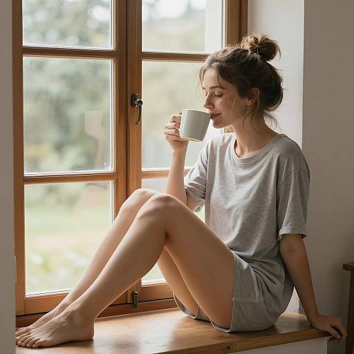 Woman Drinking Coffee by Window