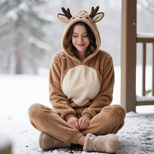 Photograph of a smiling woman in a brown reindeer hooded onesie, sitting cross-legged on a snowy porch, wearing beige boots.