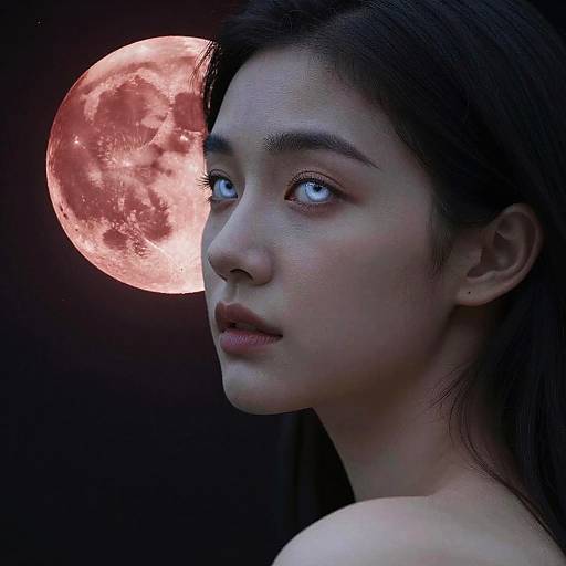Portrait of Woman with White Eyes and Red Moon