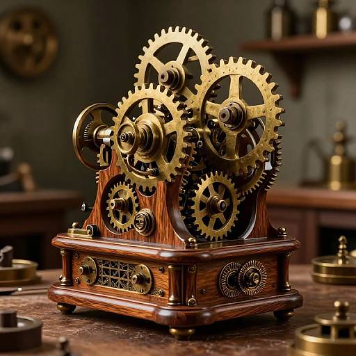 Photograph of intricate, brass and wooden clockwork mechanism with interlocking gears, displayed on a rustic wooden table in a dimly lit workshop.