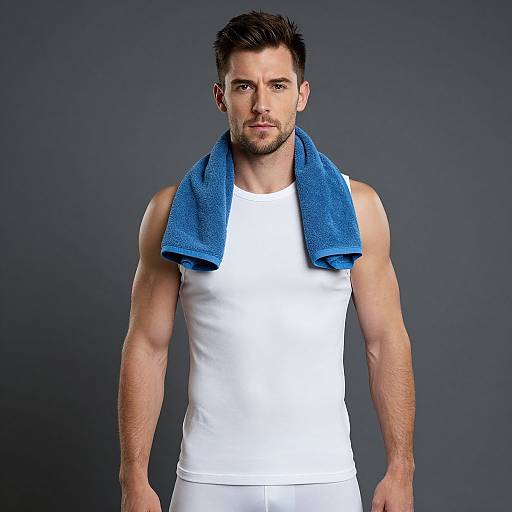 Photograph of a muscular, handsome man with short dark hair, wearing a white tank top and white pants, with a blue towel draped around his neck