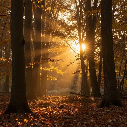 Photograph of a sunlit autumn forest, with golden sunlight filtering through tall trees, casting long shadows, and covering the forest floor in a layer of