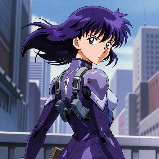 Digital anime-style drawing of a determined purple-haired woman in a form-fitting, futuristic black and purple bodysuit, standing on a city rooftop with