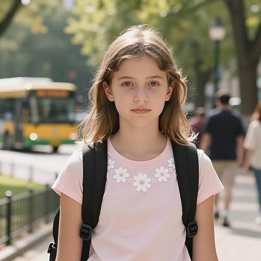 Young Girl with Backpack in City Park