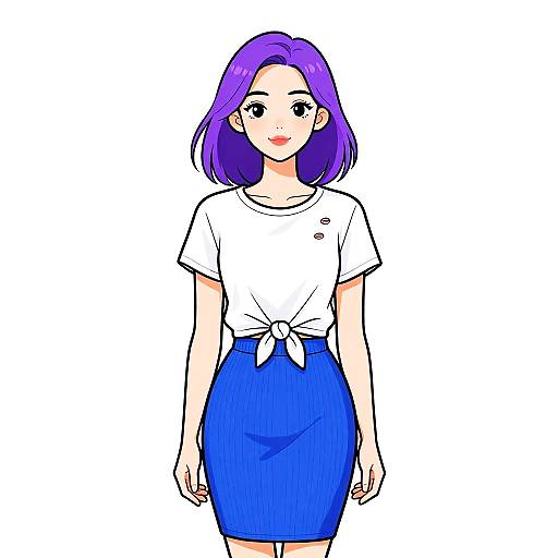 Digital anime-style drawing of a young woman with purple hair, wearing a white tied shirt and blue knee-length skirt, standing against a plain white background.