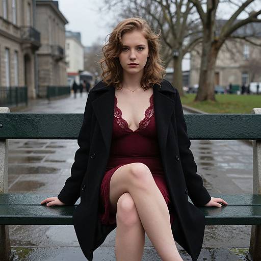 Photograph of a pale-skinned woman with wavy brown hair, wearing a deep burgundy lace dress and black coat, sitting on a green park