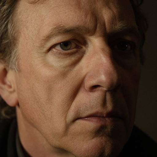 Close-up photograph of a middle-aged man with light skin, grayish-brown hair, and intense brown eyes, partially shadowed, showing a serious