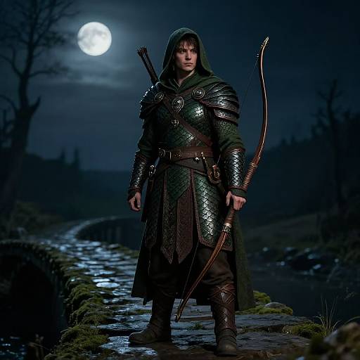 Photorealistic fantasy image: Armored warrior with hooded cloak, bow, and quiver, standing in moonlit forest, beside a glowing stream