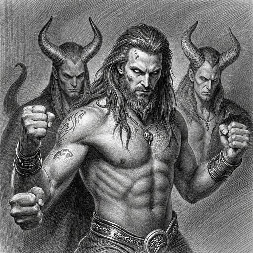 Digital black-and-white drawing of three muscular, horned demons with fierce expressions, fists raised, in front of a textured background.