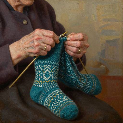 Elderly woman knitting intricate blue and yellow patterned socks with wooden needles, wearing a dark brown coat, against a textured beige background.