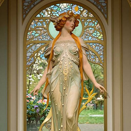 Photograph of a fair-skinned, red-haired woman in an ornate, gold Art Nouveau dress with leaf-like patterns, standing in an ar