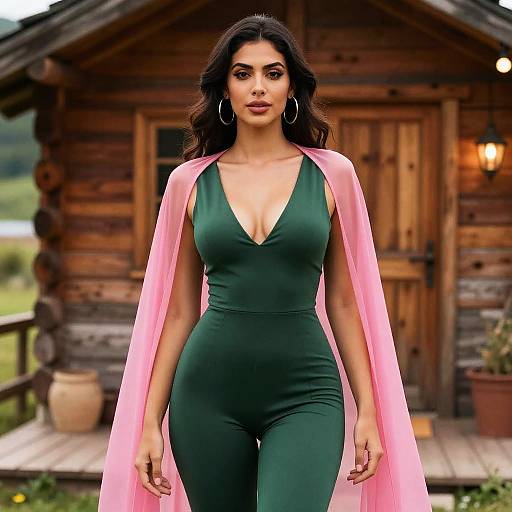Photograph of a beautiful woman with long dark hair, wearing a green deep V-neck jumpsuit and pink sheer cape, standing in front of a rustic