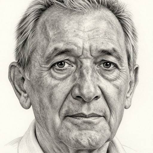Detailed black-and-white pencil drawing of an elderly man with short, graying hair, wrinkles, and a serious expression, white background.