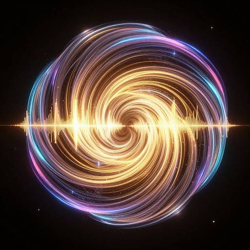 Digital artwork of a swirling, glowing vortex with concentric rings of yellow, blue, and purple light against a dark, star-speckled background.