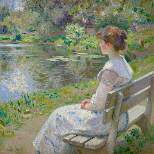 Impressionist painting of a fair-skinned woman with brown hair in a bun, wearing a white dress, sitting on a wooden bench by a reflective