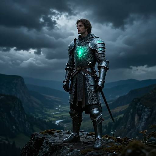 Photorealistic digital artwork of a male knight in glowing green armor standing on a rocky cliff, under a dramatic, cloudy sky, with a mountainous