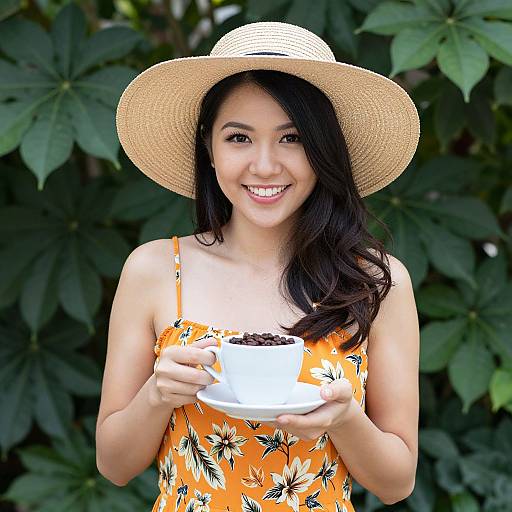 Asian woman with long black hair, smiling, wearing a straw hat and orange floral dress, holds a white cup with coffee, standing against a lush green