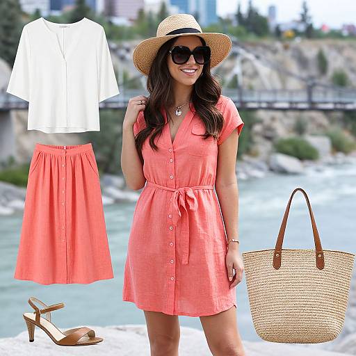 Photograph of a smiling woman in a coral dress, straw hat, and sunglasses, with accessories and outfit pieces digitally overlaid. Background: riverside