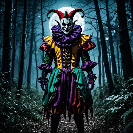 Eerie Jester in Forest with Full Moon