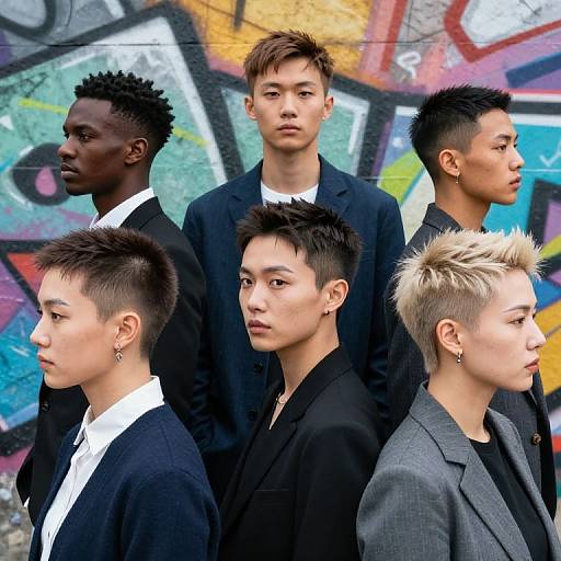Photograph of six diverse, androgynous individuals with spiked hair in black suits, standing in front of colorful graffiti, facing different directions.