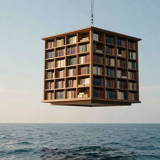 Photograph of a floating wooden bookshelf cube, suspended by a rope, filled with books, over a calm ocean under a clear sky.