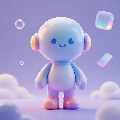 CGI 3D illustration of a cute, blue, round-headed toy with earphones, smiling face, and pink shoes, surrounded by glowing bubbles