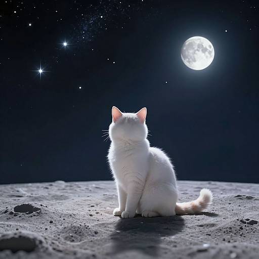 Photograph of a white cat sitting on a moonlit, starry, rocky surface, gazing up at a bright full moon in the night sky