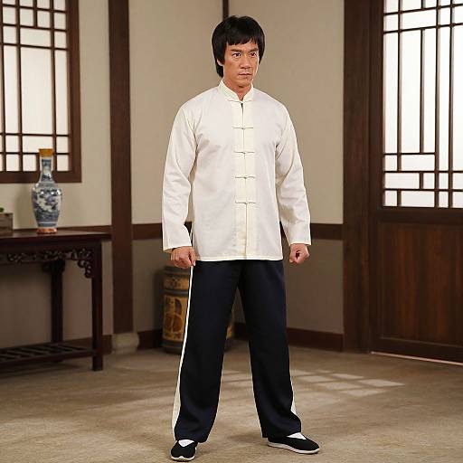 Photorealistic CGI of an Asian man in traditional white martial arts shirt and black pants, standing in a Japanese-style room.
