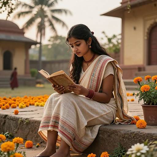 Indian Girl Reading on Heritage Steps