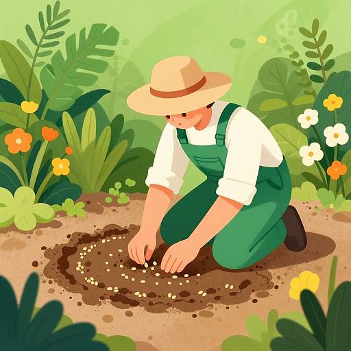 Gardener Planting Seeds in Vibrant Garden