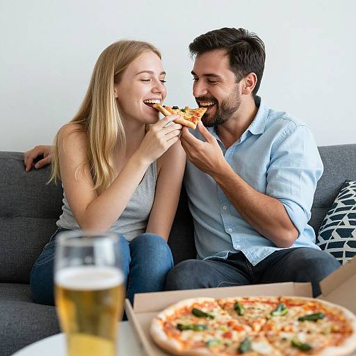 Photograph of a smiling blonde woman and bearded man sharing a slice of pizza on a gray sofa, with a beer and another pizza in the foreground